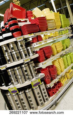 Kitchen utensils on shelves in a supermarket View Large Photo Image Stock Photo - Kitchen utensils on shelves in a supermarket. Fotosearch