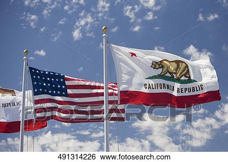 Low angle view of American flag fluttering with Californian state flag, Santa Barbara, California, USA View Large Photo Image Stock Photograph - Low angle view of American flag fluttering with Californian state flag, Santa Barbara, California, USA. Fotosearch