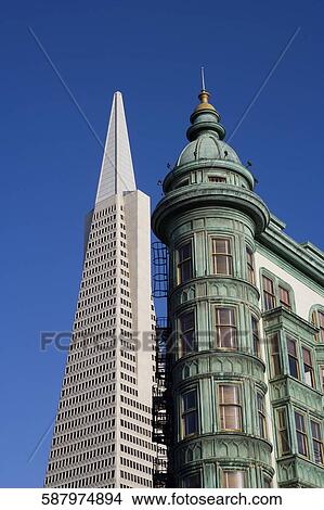 Low angle view of skyscrapers, Columbus Tower, Transamerica Pyramid, San Francisco, California, USA View Large Photo Image Picture - Low angle view of skyscrapers, Columbus Tower, Transamerica Pyramid, San Francisco, California, USA. Fotosearch