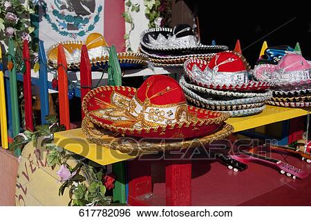 Stock Photograph - Mexican hat at a market stall, Olvera Street, Los Angeles, California, USA. Fotosearch