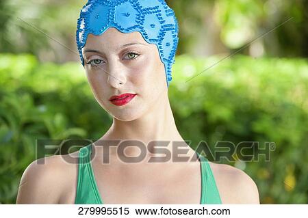 Stock Photography - Portrait of a woman wearing a swimming cap, Biltmore Hotel, Coral Gables, Florida, USA. Fotosearch