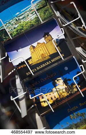 Stock Photo - Postcard stand at a market stall, Santa Barbara, California, USA. Fotosearch