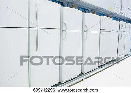 Refrigerators in a supermarket View Large Photo Image Stock Photograph - Refrigerators in a supermarket. Fotosearch