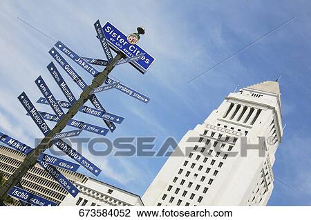 Stock Image - Road sign in front of a building, Los Angeles City Hall, Los Angeles, California, USA. Fotosearch