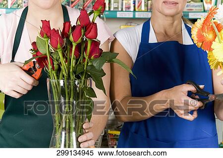 Stock Photography - Two female florists arranging flowers in vases. Fotosearch