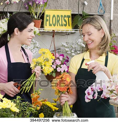 Two female florists working in a flower shop and smiling View Large Photo Image Stock Photograph - Two female florists working in a flower shop and smiling. Fotosearch