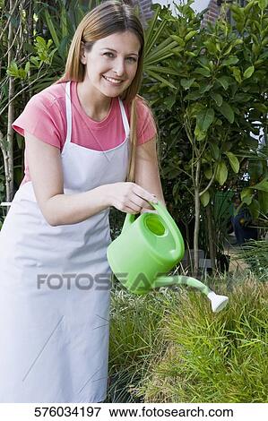 Stock Photo - Woman watering plants in a greenhouse. Fotosearch