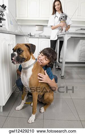 Boy hugging a dog with a vet in the background View Large Photo Image Stock Image - Boy hugging a dog with a vet in the background. Fotosearch