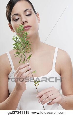 Close-up of a woman smelling aroma herbs View Large Photo Image Stock Photo - Close-up of a woman smelling aroma herbs. Fotosearch