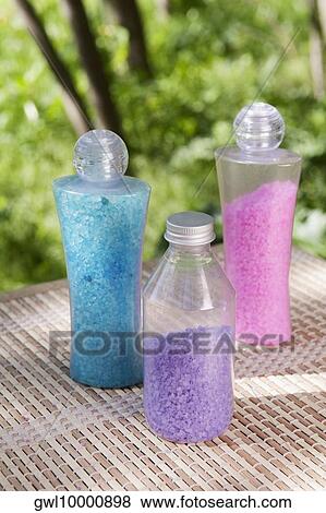 Stock Photo - Close-up of bath salt bottles. Fotosearch