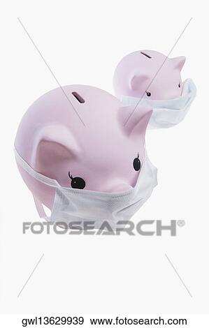 Close-up of piggy banks wearing flu masks View Large Photo Image Stock Photo - Close-up of piggy banks wearing flu masks. Fotosearch