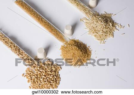 High angle view of brown rice and sugar with wheat in test tubes View Large Photo Image Stock Image - High angle view of brown rice and sugar with wheat in test tubes. Fotosearch
