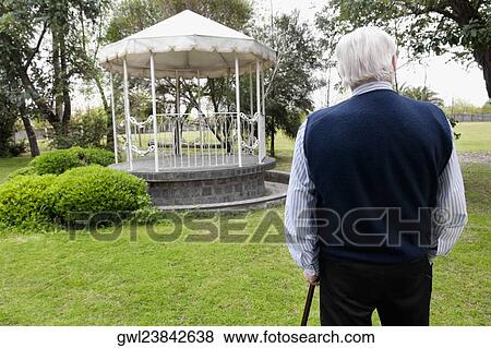Rear view of a man standing with a cane in a garden View Large Photo Image Stock Photo - Rear view of a man standing with a cane in a garden. Fotosearch