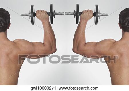 Rear view of two men exercising with dumbbells View Large Photo Image Stock Image - Rear view of two men exercising with dumbbells. Fotosearch