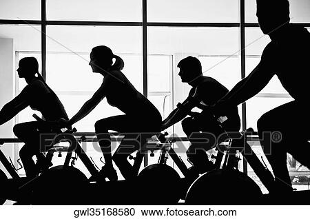 Silhouette of four people working out on exercise bikes in a gym View Large Photo Image Stock Image - Silhouette of four people working out on exercise bikes in a gym. Fotosearch