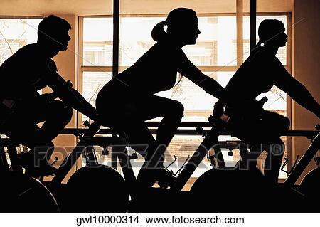 Silhouette of three people working out on exercise bikes in a gym View Large Photo Image Picture - Silhouette of three people working out on exercise bikes in a gym. Fotosearch