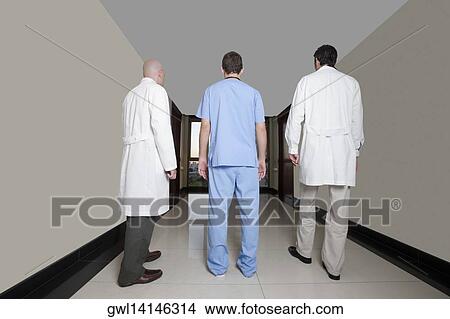 Two male doctors with a surgeon walking in a hospital corridor View Large Photo Image Picture - Two male doctors with a surgeon walking in a hospital corridor. Fotosearch