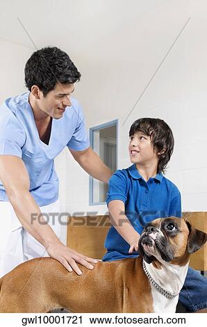 Vet standing with a boy and stroking a dog View Large Photo Image Stock Image - Vet standing with a boy and stroking a dog. Fotosearch
