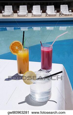 Close-up of assorted drinks at the poolside View Large Photo Image Stock Image - Close-up of assorted drinks at the poolside. Fotosearch