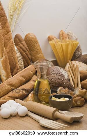 Close-up of pasta and breads with eggs View Large Photo Image Stock Photo - Close-up of pasta and breads with eggs. Fotosearch