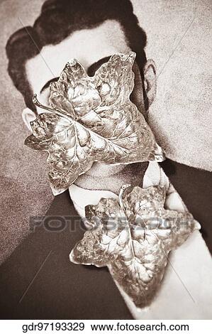 Close-up of two leaves on a man's picture View Large Photo Image Stock Photo - Close-up of two leaves on a man's picture. Fotosearch