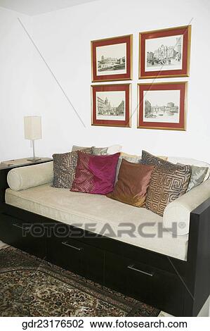 Cushions on a couch in a living room View Large Photo Image Stock Image - Cushions on a couch in a living room. Fotosearch