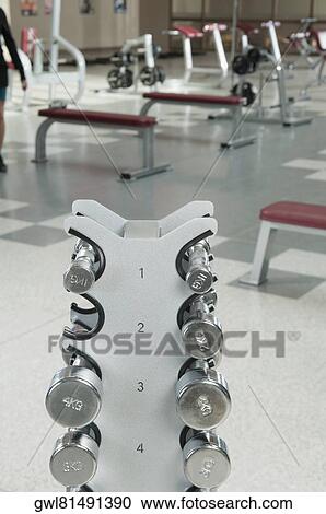 Dumbbells on rack in a gym View Large Photo Image Stock Image - Dumbbells on rack in a gym. Fotosearch