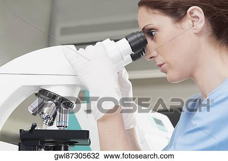 Female lab technician analyzing a sample through a microscope View Large Photo Image Stock Image - Female lab technician analyzing a sample through a microscope. Fotosearch