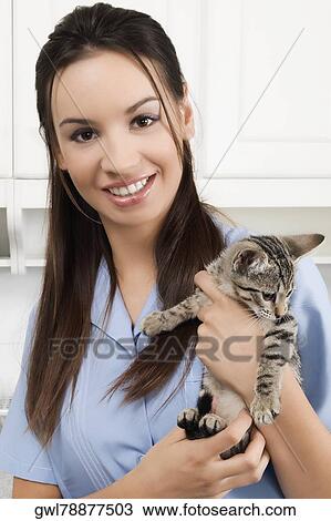Female vet carrying a cat and smiling View Large Photo Image Stock Image - Female vet carrying a cat and smiling. Fotosearch