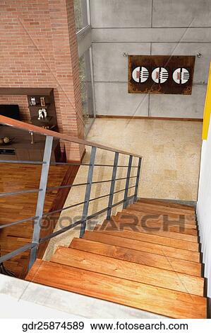 High angle view of a staircase in a house View Large Photo Image Stock Photo - High angle view of a staircase in a house. Fotosearch