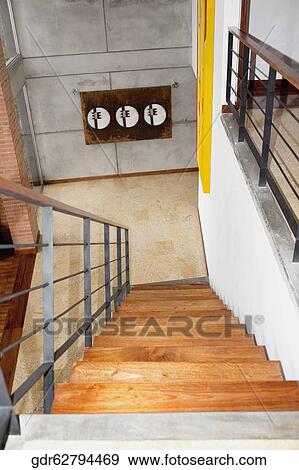 High angle view of a staircase in a house View Large Photo Image Stock Photo - High angle view of a staircase in a house. Fotosearch