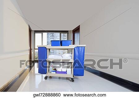 Stock Image - Trolley in a hospital corridor. Fotosearch