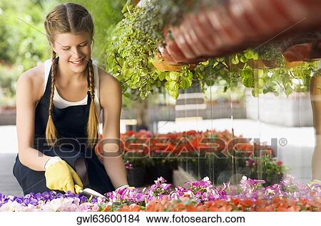 Picture - Woman working in a greenhouse and smiling. Fotosearch