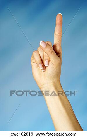 Close-up of a woman holding up one finger View Large Photo Image Stock Photo - Close-up of a woman holding up one finger. Fotosearch