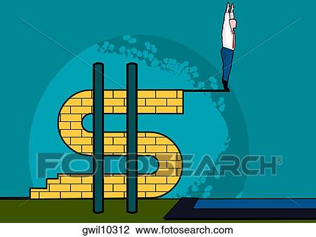 Man standing on a platform at the edge of a dollar sign View Large Illustration Drawing - Man standing on a platform at the edge of a dollar sign. Fotosearch