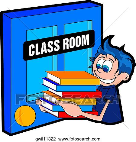 Drawing - Side profile of a boy carrying a stack of textbooks. Fotosearch