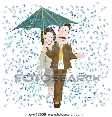 Stock Illustration - Businessman and businesswoman holding an umbrella. Fotosearch