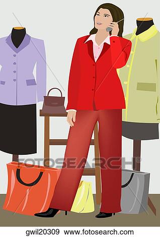 Woman talking on a mobile phone in a clothing store View Large Illustration Stock Illustration - Woman talking on a mobile phone in a clothing store. Fotosearch