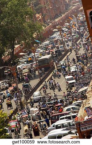 High angle view of traffic on the streets, Jaipur, Rajasthan, India View Large Photo Image Stock Photo - High angle view of traffic on the streets, Jaipur, Rajasthan, India. Fotosearch