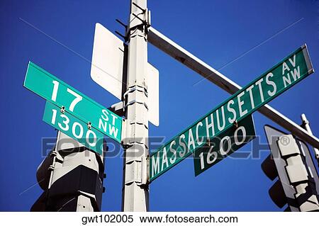 Stock Photography - Low angle view of a signboard, Washington DC, USA. Fotosearch