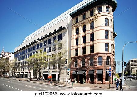 Stock Photograph - Low angle view of buildings on the roadside, Romanesque, Downtown, Washington DC, USA. Fotosearch