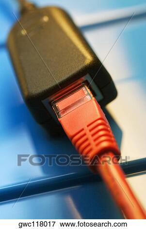 Stock Photo - Close-up of a network cable plugged into a socket. Fotosearch