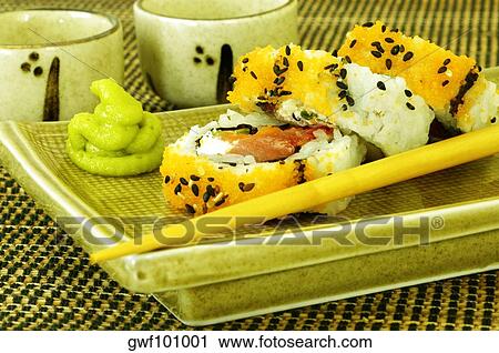 Stock Image - Close-up of sushi on a serving tray. Fotosearch