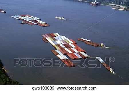 Aerial view of grain barges on the river, Mississippi River, New Orleans, Louisiana, USA View Large Photo Image Stock Photo - Aerial view of grain barges on the river, Mississippi River, New Orleans, Louisiana, USA. Fotosearch
