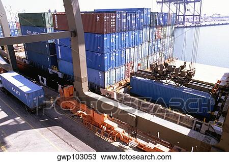 High angle view of a ship loaded with containers, Los Angeles, USA View Large Photo Image Stock Image - High angle view of a ship loaded with containers, Los Angeles, USA. Fotosearch
