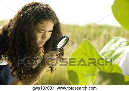 Close-up of a girl looking through a magnifying glass View Large Photo Image Stock Photo - Close-up of a girl looking through a magnifying glass. Fotosearch