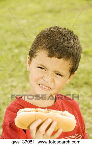 Portrait of a boy holding a hot dog View Large Photo Image Stock Image - Portrait of a boy holding a hot dog. Fotosearch