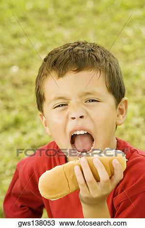 Close-up of a boy holding a hot dog View Large Photo Image Stock Image - Close-up of a boy holding a hot dog. Fotosearch