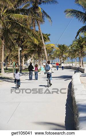 Stock Image - Rear view of group of people on the road, Miami, Florida, USA. Fotosearch
