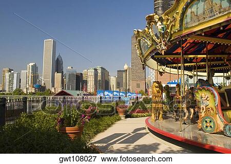 Stock Photo - Carousel in an amusement park, Navy Pier Park, Chicago, Illinois, USA. Fotosearch